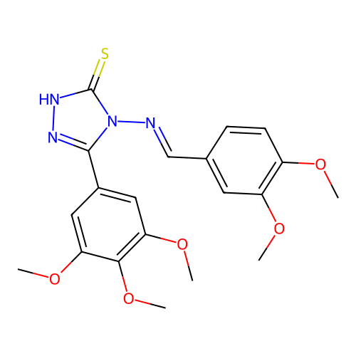 (E)-4-((3,4-dimethoxybenzylidene)amino)-5-(3,4,5-trimethoxyphenyl)-4H-1,2,4-triazole-3-thiol structure