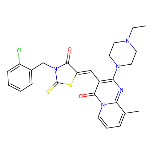 3-{(Z)-[3-(2-chlorobenzyl)-4-oxo-2-thioxo-1,3-thiazolidin-5-ylidene]methyl}-2-(4-ethylpiperazin-1-yl)-9-methyl-4H-pyrido[1,2-a]pyrimidin-4-one structure