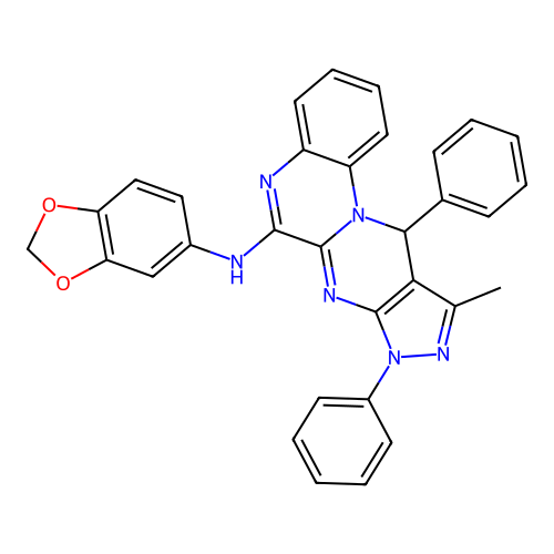 N-(1,3-benzodioxol-5-yl)-10-methyl-8,11-diphenyl-8,11-dihydropyrazolo[3',4':4,5]pyrimido[1,2-a]quinoxalin-6-amine structure