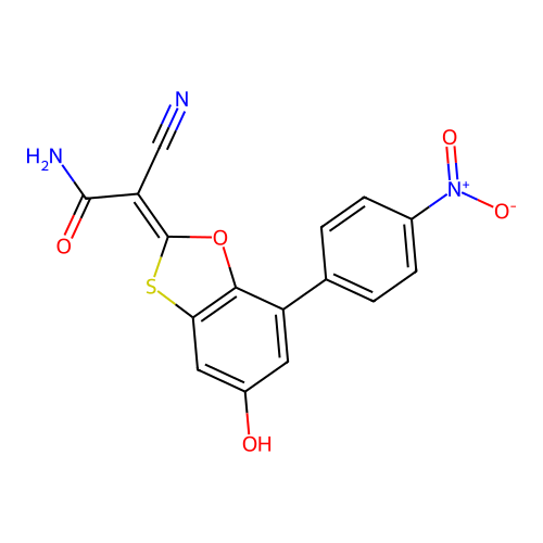 (2Z)-2-cyano-2-[5-hydroxy-7-(4-nitrophenyl)-1,3-benzoxathiol-2-ylidene]acetamide structure