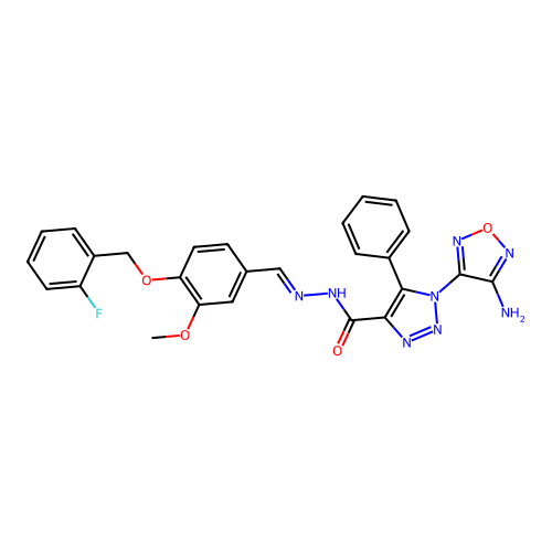 (E)-1-(4-amino-1,2,5-oxadiazol-3-yl)-N'-(4-((2-fluorobenzyl)oxy)-3-methoxybenzylidene)-5-phenyl-1H-1,2,3-triazole-4-carbohydrazide structure