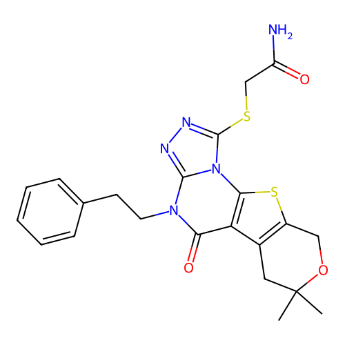 2-((7,7-dimethyl-5-oxo-4-phenethyl-5,6,7,9-tetrahydro-4H-pyrano[4',3':4,5]thieno[3,2-e][1,2,4]triazolo[4,3-a]pyrimidin-1-yl)thio)acetamide structure