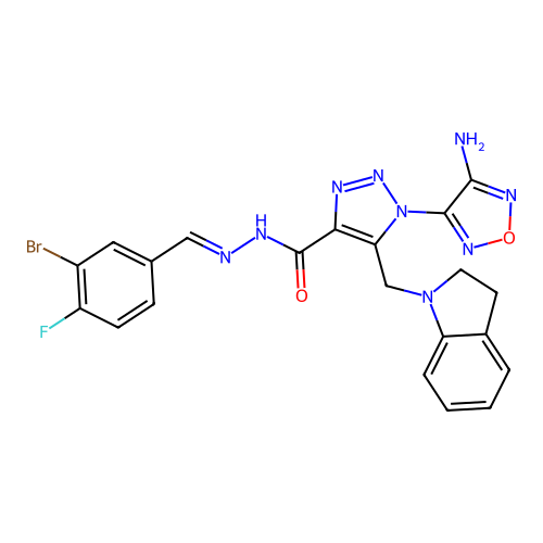 (E)-1-(4-amino-1,2,5-oxadiazol-3-yl)-N'-(3-bromo-4-fluorobenzylidene)-5-(indolin-1-ylmethyl)-1H-1,2,3-triazole-4-carbohydrazide structure