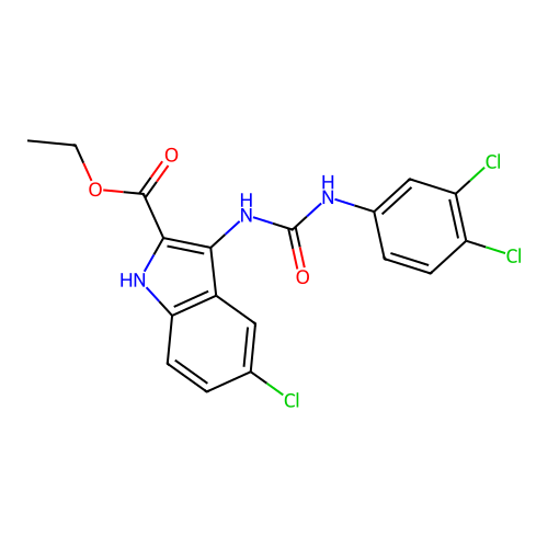 ethyl 5-chloro-3-{[(3,4-dichlorophenyl)carbamoyl]amino}-1H-indole-2-carboxylate structure