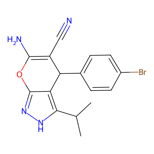 6-amino-4-(4-bromophenyl)-3-(propan-2-yl)-1,4-dihydropyrano[2,3-c]pyrazole-5-carbonitrile structure
