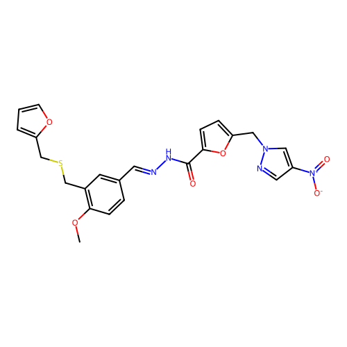N-[(E)-[3-(furan-2-ylmethylsulfanylmethyl)-4-methoxyphenyl]methylideneamino]-5-[(4-nitropyrazol-1-yl)methyl]furan-2-carboxamide structure