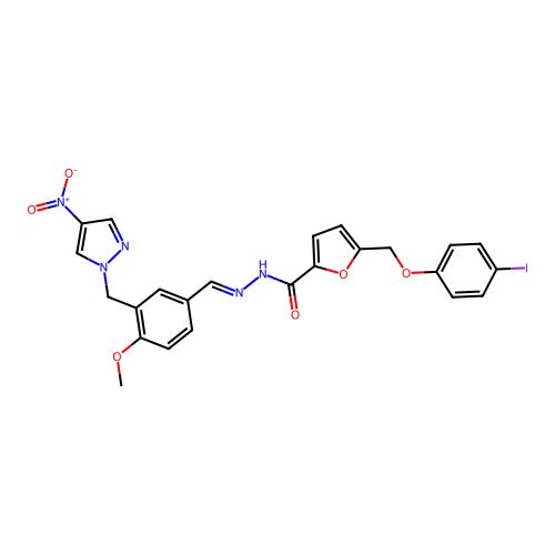 5-[(4-iodophenoxy)methyl]-N-[(E)-[4-methoxy-3-[(4-nitropyrazol-1-yl)methyl]phenyl]methylideneamino]furan-2-carboxamide structure