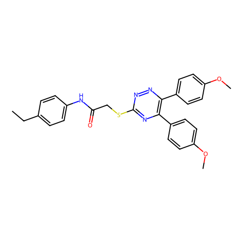 2-((5,6-bis(4-methoxyphenyl)-1,2,4-triazin-3-yl)thio)-N-(4-ethylphenyl)acetamide structure