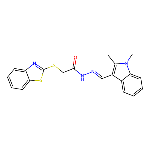 2-(1,3-benzothiazol-2-ylsulfanyl)-N-[(E)-(1,2-dimethylindol-3-yl)methylideneamino]acetamide structure