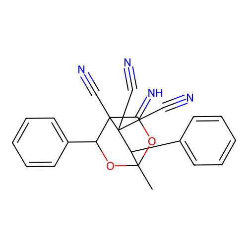3-imino-1-methyl-5,7-diphenyl-2,6-dioxabicyclo[2.2.2]octane-4,8,8-tricarbonitrile structure