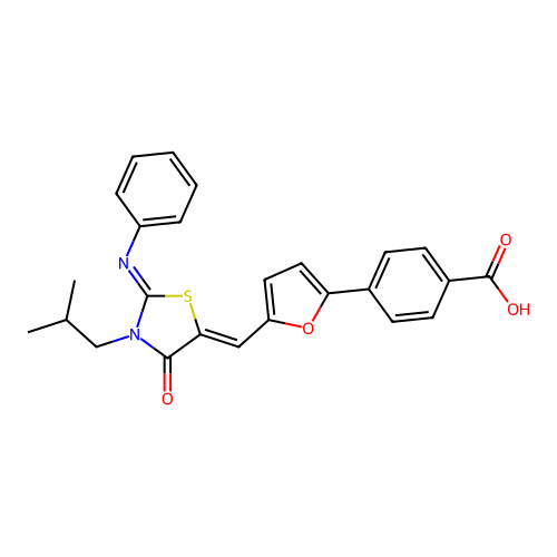 4-(5-{(Z)-[(2Z)-3-(2-methylpropyl)-4-oxo-2-(phenylimino)-1,3-thiazolidin-5-ylidene]methyl}furan-2-yl)benzoic acid structure