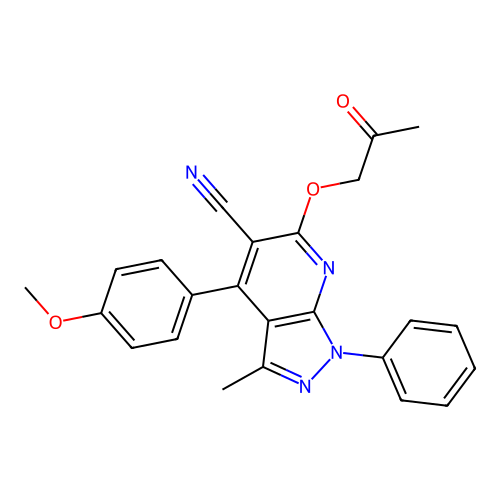 4-(4-methoxyphenyl)-3-methyl-6-(2-oxopropoxy)-1-phenyl-1H-pyrazolo[3,4-b]pyridine-5-carbonitrile structure