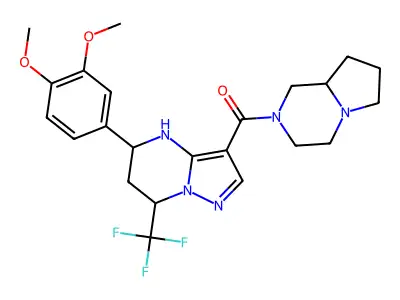 3,4,6,7,8,8a-hexahydro-1H-pyrrolo[1,2-a]pyrazin-2-yl-[5-(3,4-dimethoxyphenyl)-7-(trifluoromethyl)-1,5,6,7-tetrahydropyrazolo[1,5-a]pyrimidin-3-yl]methanone structure