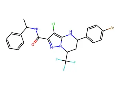 5-(4-bromophenyl)-3-chloro-N-(1-phenylethyl)-7-(trifluoromethyl)-4,5,6,7-tetrahydropyrazolo[1,5-a]pyrimidine-2-carboxamide structure