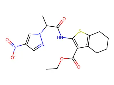 ethyl 2-[(2-{4-nitro-1H-pyrazol-1-yl}propanoyl)amino]-4,5,6,7-tetrahydro-1-benzothiophene-3-carboxylate structure