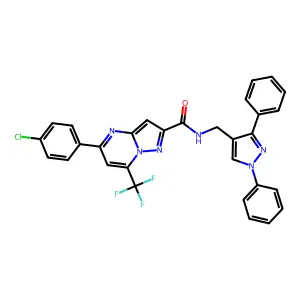 5-(4-chlorophenyl)-N-[(1,3-diphenylpyrazol-4-yl)methyl]-7-(trifluoromethyl)pyrazolo[1,5-a]pyrimidine-2-carboxamide structure