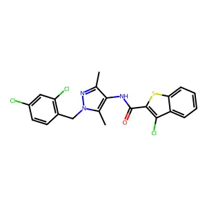 3-chloro-N-[1-(2,4-dichlorobenzyl)-3,5-dimethyl-1H-pyrazol-4-yl]-1-benzothiophene-2-carboxamide structure