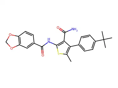 N-[4-(4-tert-butylphenyl)-3-carbamoyl-5-methylthiophen-2-yl]-1,3-benzodioxole-5-carboxamide structure