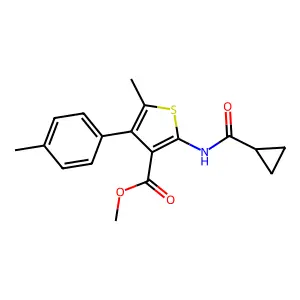 methyl 2-(cyclopropanecarbonylamino)-5-methyl-4-(4-methylphenyl)thiophene-3-carboxylate structure