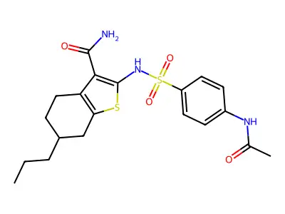 2-({[4-(acetylamino)phenyl]sulfonyl}amino)-6-propyl-4,5,6,7-tetrahydro-1-benzothiophene-3-carboxamide structure