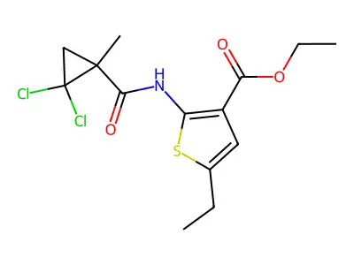 ethyl 2-[(2,2-dichloro-1-methylcyclopropanecarbonyl)amino]-5-ethylthiophene-3-carboxylate structure
