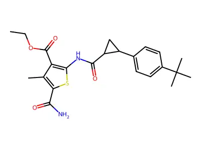 ethyl 2-({[2-(4-tert-butylphenyl)cyclopropyl]carbonyl}amino)-5-carbamoyl-4-methylthiophene-3-carboxylate structure