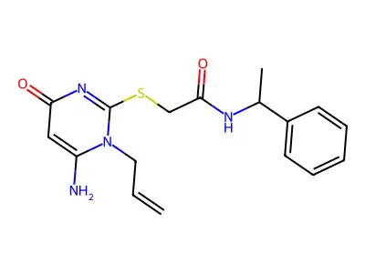 2-(6-amino-4-oxo-1-prop-2-enylpyrimidin-2-yl)sulfanyl-N-(1-phenylethyl)acetamide structure