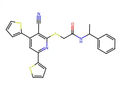 2-(3-cyano-4,6-dithiophen-2-ylpyridin-2-yl)sulfanyl-N-(1-phenylethyl)acetamide structure