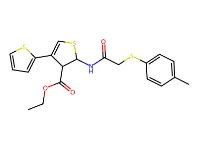 Ethyl 2-[2-(4-methylphenylthio)acetylamino]-4-(2-thienyl)-2,3-dihydrothiophene-3-carboxylate structure