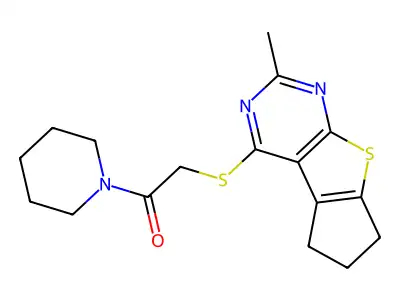 2-({10-methyl-7-thia-9,11-diazatricyclo[6.4.0.0^{2,6}]dodeca-1(8),2(6),9,11-tetraen-12-yl}sulfanyl)-1-(piperidin-1-yl)ethan-1-one structure