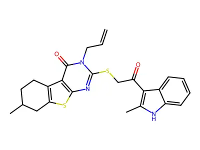 7-methyl-2-{[2-(2-methyl-1H-indol-3-yl)-2-oxoethyl]sulfanyl}-3-(prop-2-en-1-yl)-5,6,7,8-tetrahydro[1]benzothieno[2,3-d]pyrimidin-4(3H)-one structure