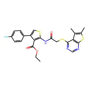 ethyl 2-(2-((5,6-dimethylthieno[2,3-d]pyrimidin-4-yl)thio)acetamido)-4-(4-fluorophenyl)thiophene-3-carboxylate structure
