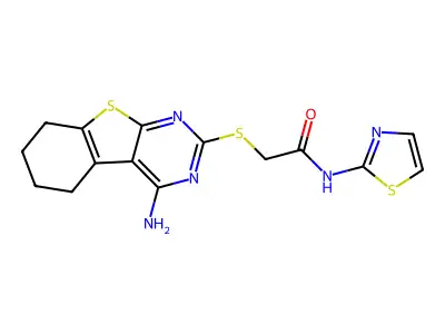 2-[(4-amino-5,6,7,8-tetrahydro[1]benzothieno[2,3-d]pyrimidin-2-yl)sulfanyl]-N-(1,3-thiazol-2-yl)acetamide structure