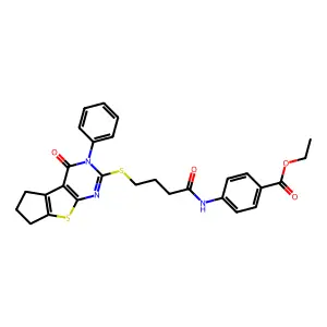 Ethyl 4-[4-(4-oxo-3-phenyl-3,5,6,7-tetrahydrocyclopenta[2,1-d]pyrimidino[4,5-b]thiophen-2-ylthio)butanoylamino]benzoate structure