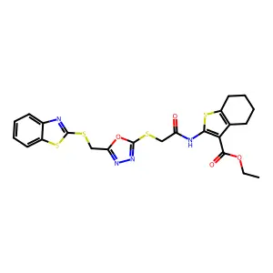 ethyl 2-{[({5-[(1,3-benzothiazol-2-ylsulfanyl)methyl]-1,3,4-oxadiazol-2-yl}sulfanyl)acetyl]amino}-4,5,6,7-tetrahydro-1-benzothiophene-3-carboxylate structure