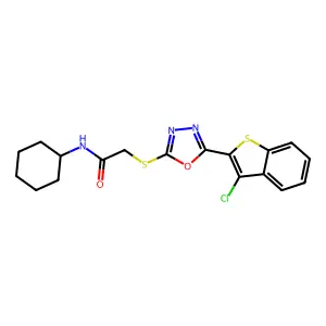 2-((5-(3-chlorobenzo[b]thiophen-2-yl)-1,3,4-oxadiazol-2-yl)thio)-N-cyclohexylacetamide structure