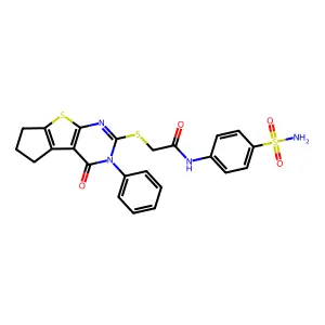 2-(4-oxo-3-phenyl(3,5,6,7-tetrahydrocyclopenta[2,1-d]pyrimidino[4,5-b]thiophen-2-ylthio))-N-(4-sulfamoylphenyl)acetamide structure