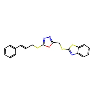 2-((benzo[d]thiazol-2-ylthio)methyl)-5-(cinnamylthio)-1,3,4-oxadiazole structure