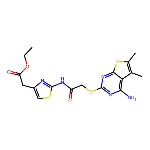 ethyl [2-({[(4-amino-5,6-dimethylthieno[2,3-d]pyrimidin-2-yl)thio]acetyl}amino)-1,3-thiazol-4-yl]acetate structure