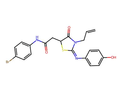 N-(4-bromophenyl)-2-[(2E)-2-[(4-hydroxyphenyl)imino]-4-oxo-3-(prop-2-en-1-yl)-1,3-thiazolidin-5-yl]acetamide structure