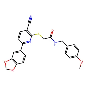 2-[6-(1,3-benzodioxol-5-yl)-3-cyanopyridin-2-yl]sulfanyl-N-[(4-methoxyphenyl)methyl]acetamide structure