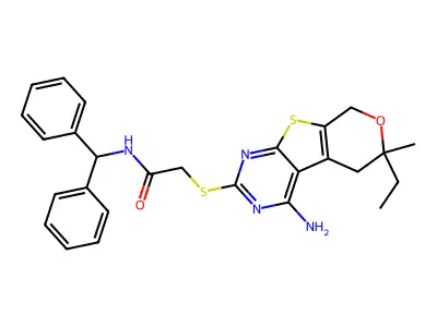 2-((4-amino-6-ethyl-6-methyl-6,8-dihydro-5H-pyrano[4',3':4,5]thieno[2,3-d]pyrimidin-2-yl)thio)-N-benzhydrylacetamide structure