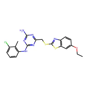 N-(3-chloro-2-methylphenyl)-6-{[(6-ethoxy-1,3-benzothiazol-2-yl)sulfanyl]methyl}-1,3,5-triazine-2,4-diamine structure