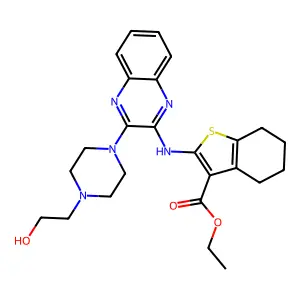 ethyl 2-({3-[4-(2-hydroxyethyl)piperazin-1-yl]quinoxalin-2-yl}amino)-4,5,6,7-tetrahydro-1-benzothiophene-3-carboxylate structure