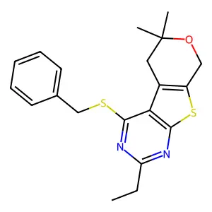 4-(benzylsulfanyl)-2-ethyl-6,6-dimethyl-5,8-dihydro-6H-pyrano[4',3':4,5]thieno[2,3-d]pyrimidine structure