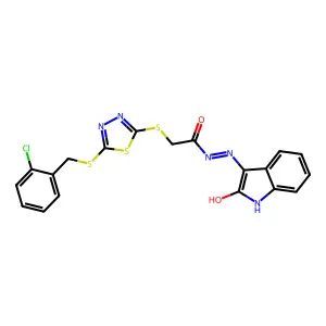 2-({5-[(2-chlorobenzyl)sulfanyl]-1,3,4-thiadiazol-2-yl}sulfanyl)-N'-[(3E)-2-oxo-1,2-dihydro-3H-indol-3-ylidene]acetohydrazide structure