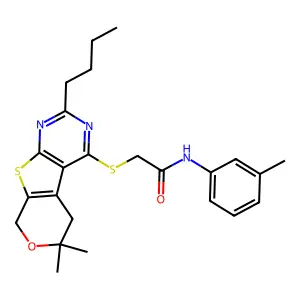 2-((2-butyl-6,6-dimethyl-6,8-dihydro-5H-pyrano[4',3':4,5]thieno[2,3-d]pyrimidin-4-yl)thio)-N-(m-tolyl)acetamide structure