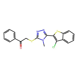 2-[[5-(3-chloro-1-benzothiophen-2-yl)-4-methyl-1,2,4-triazol-3-yl]sulfanyl]-1-phenylethanone structure