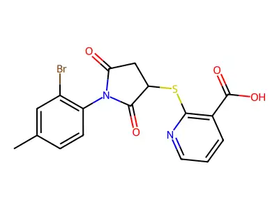 2-((1-(2-Bromo-4-methylphenyl)-2,5-dioxopyrrolidin-3-yl)thio)nicotinic acid structure