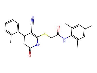 2-((3-cyano-6-oxo-4-(o-tolyl)-1,4,5,6-tetrahydropyridin-2-yl)thio)-N-mesitylacetamide structure